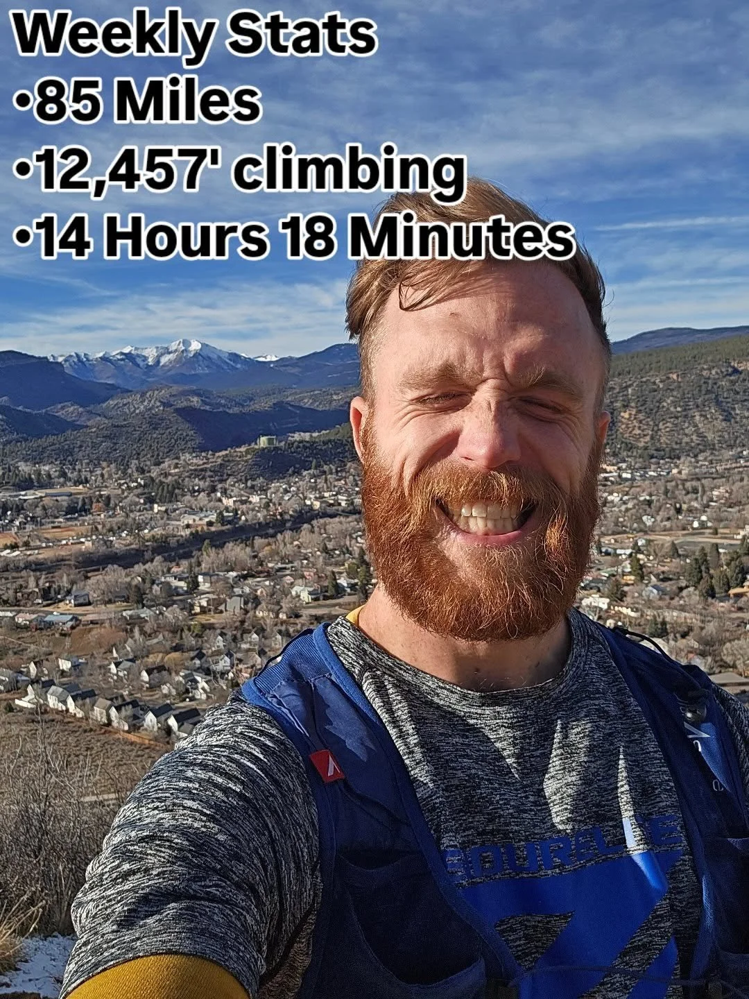 Back on the trails!

&bull;85 Miles
&bull;12,457' climbing
&bull;14+ Hours of time on feet
&bull;2 Running Workouts
&bull;2 Strength sessions
&bull;2 Core workouts
&bull;Lots of strides
&bull;18 mile Long Run
&bull;80 minutes of sauna

Just another b