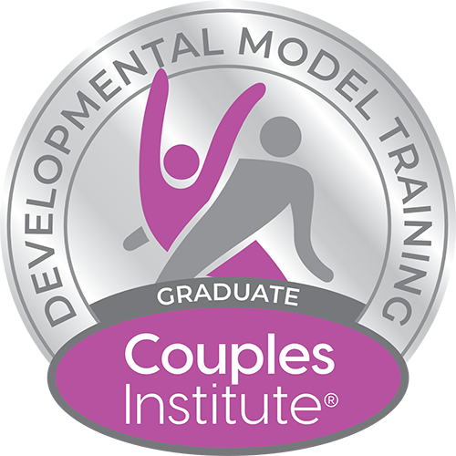 Circular purple and silvery seal that indicates the therapist is a graduate of the Developmental Model Training