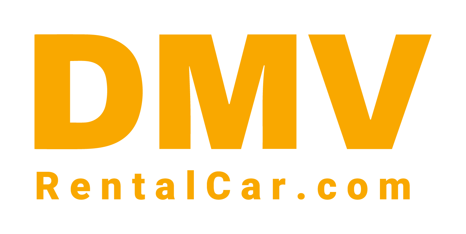 Logo for DMV Rental Car with large yellow text 'DMV' and smaller yellow text 'RentalCar.com' on a black background.