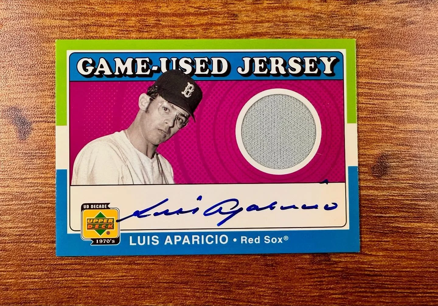 Number 2 of 3 in my alphabetically organized &lsquo;A&rsquo; part of the PC. 2001 upper deck UD decade 1970s Louis Aparicio jersey/auto. Bought this in 2001 with my mom, we were walking around a mall card show and she stopped and said &lsquo;oh, Loui