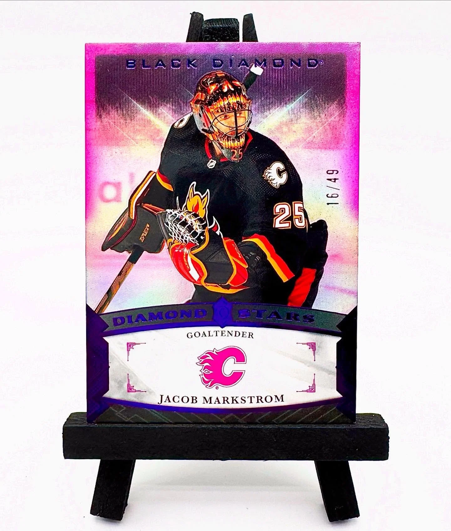 2023-24 Black Diamond Stars Jacob Markstrom Purple /49

When I first saw this mask I couldn&rsquo;t stop looking at it!  As a goalie fan and now fellow practicing goaltender, this mask spoke to me!  It&rsquo;s easily a top 5 modern goalie mask for me