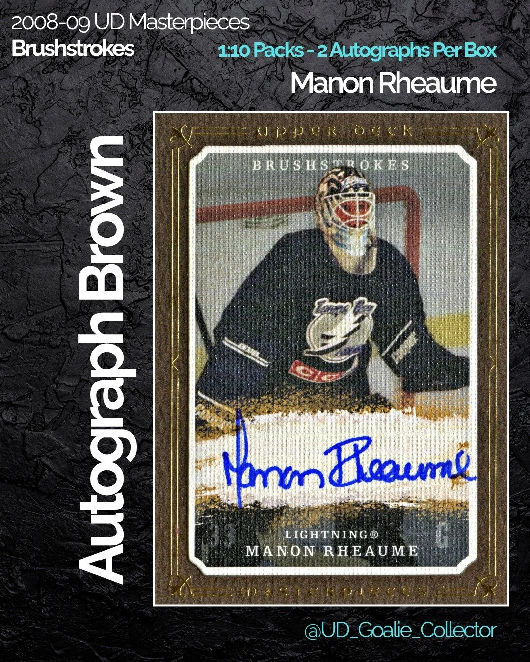 Here's a card from a set I think many of us would love to come back, wouldn't you agree?
@manonrheaume33 Thank you for signing your cards so well for us!

#manonrheaume #upperdeckmasterpieces #goaliecollector