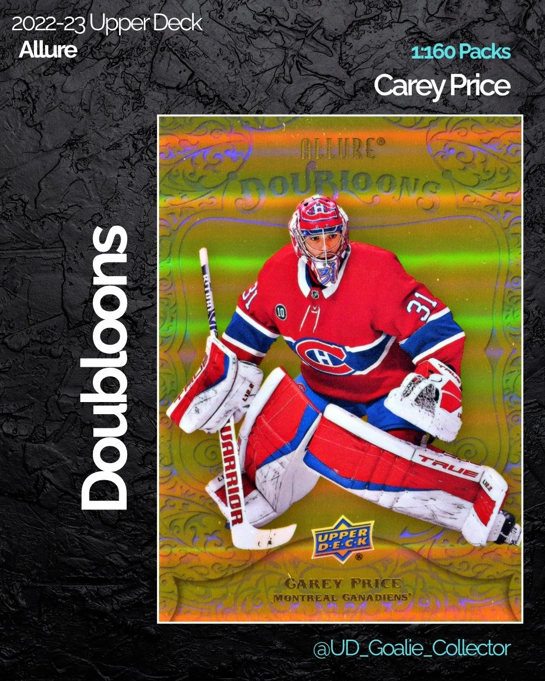 Double sided foilboard, a beautiful design, and a large checklist while being a case hit...Doubloons were a wonderful addition and are going strong to this day!

#careyprice #doubloons #goaliecollector