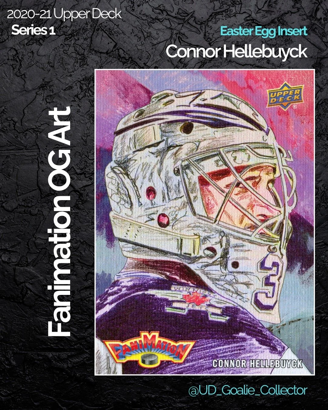 Original art on a hockey card? Yes please!! 

Here we have Mr. USA on his first Fanimation insert. I love the rawness of the type of art!

#connorhellebuyck #upperdeckfanimation #goaliecollector