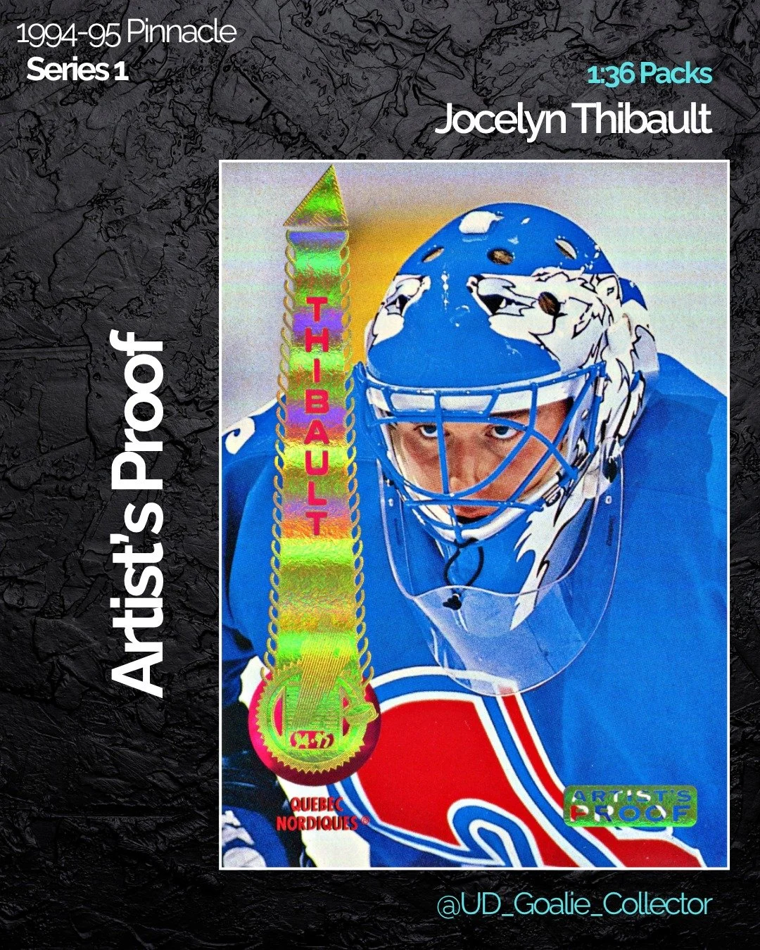Arguably one of my all-time favorite Hockey cards in my collection! That mask is simple but so sharp! Also, that gold foil pops so much 😁.

#jocelynthibault #pinnaclehockey #goaliecollector