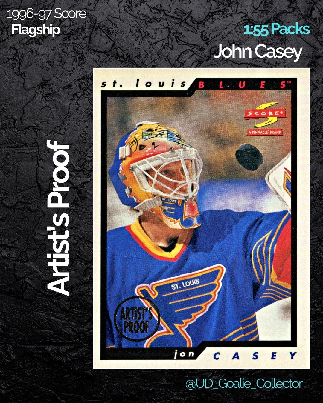 Time to show Jon Casey some love with a rarely seen Artist's Proof from Score. I really love the photo as Jon is tossing a puck in the air during Warm Ups. I also do this before I play each time.

#joncasey #scorehockey #goaliecollector