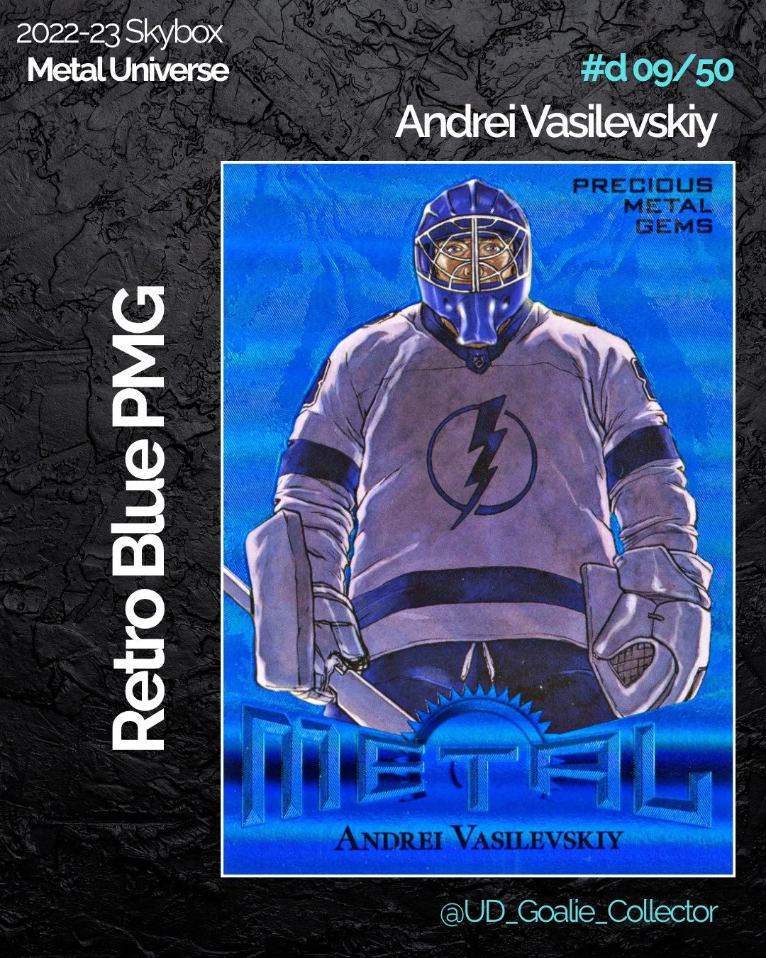 This is definitely a top 3 Vasy card in my collection now! The color match, the OG art, the etching, and the retro design make this a card worth displaying!

#andreivasilevskiy #metaluniversehockey #retropmg #goaliecollector