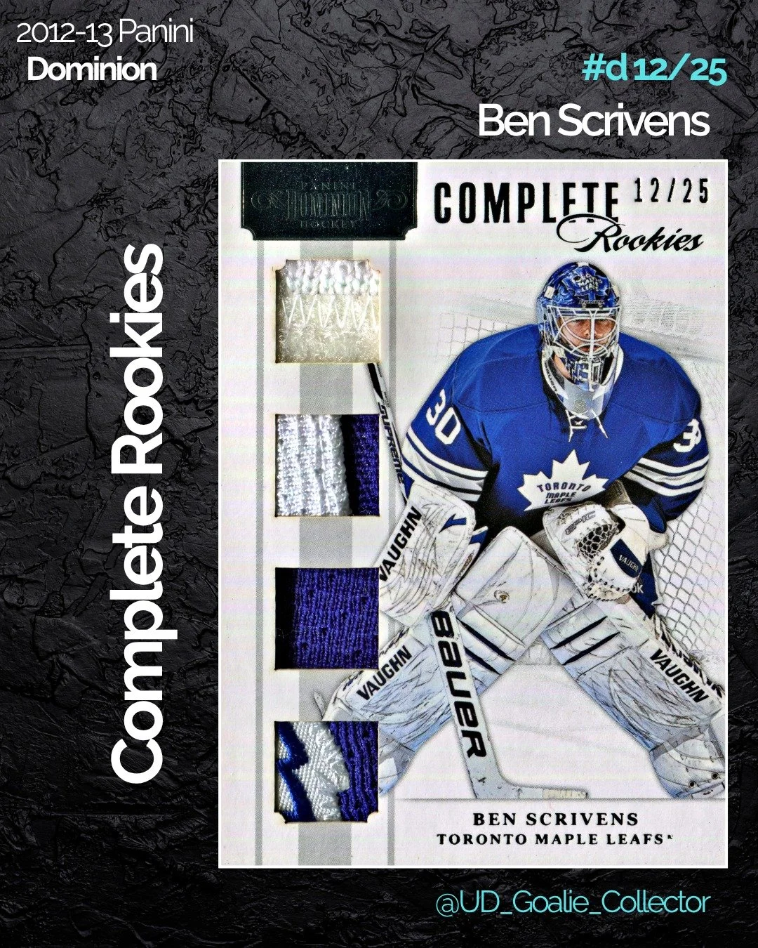 Here is a sweet one of @ben_scrivens from Panini! I love the Complete Package type cards where you get multiple versions of mem...if only we were going to do that in the future😏.

#benscrivens #paninihockey #goaliecollector