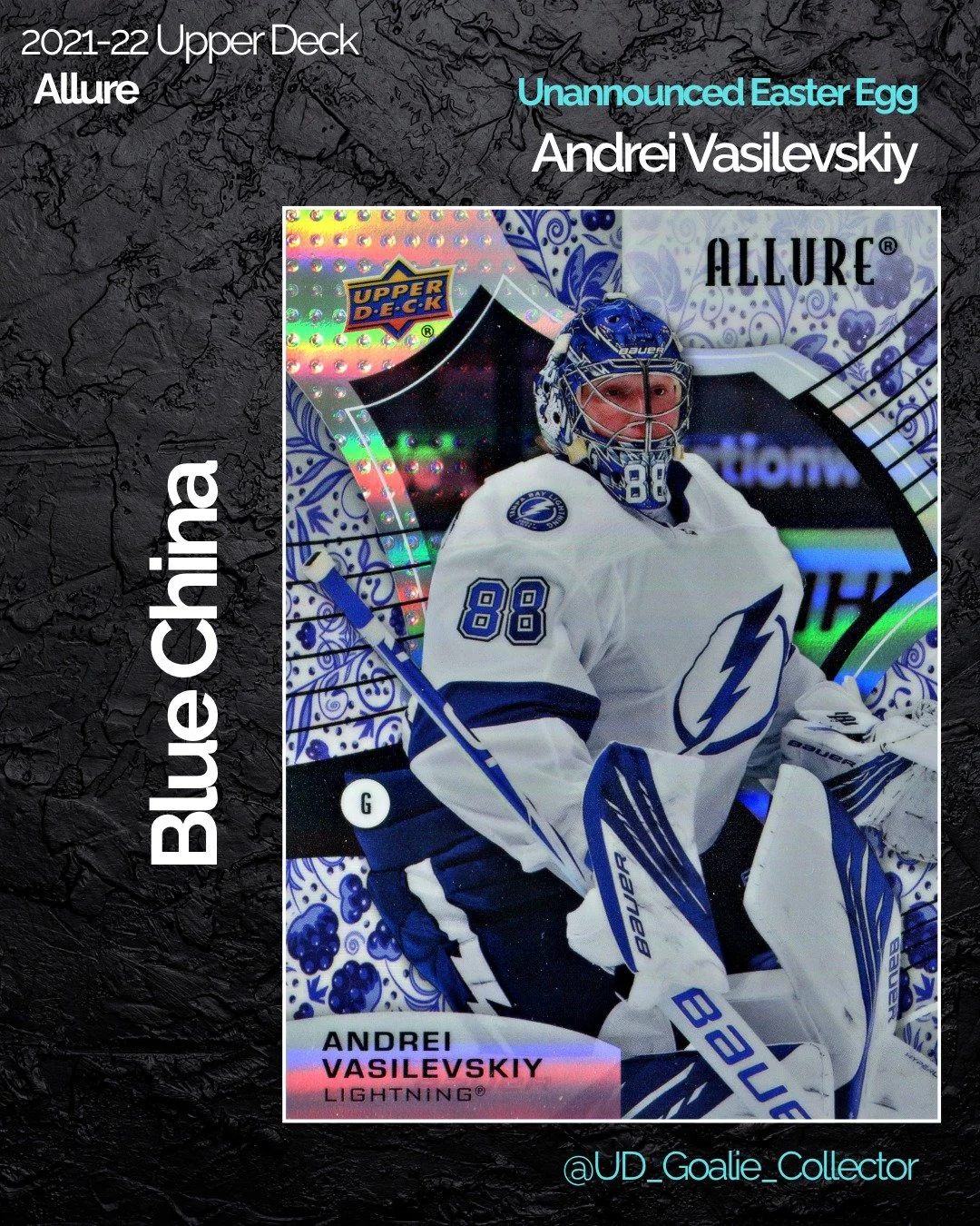 Since I'm more focused on one goalie (big surprise right?), I figured I would mix up the second slide a bit more. Going to try to focus on some of my favorite photos of Vasy from this season!

These Blue China unannounced parallels are VERY hard to c