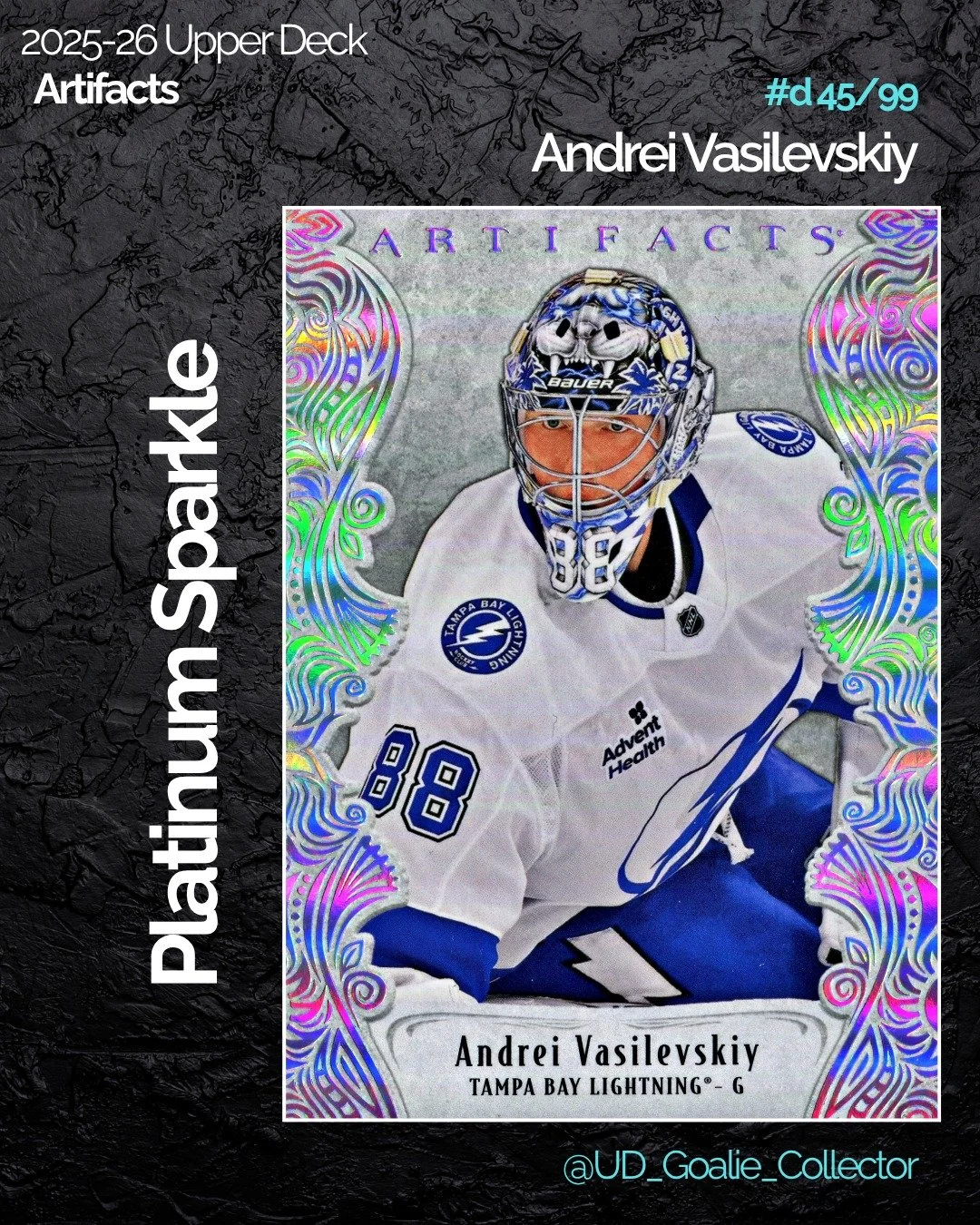 The Platinum Sparkle parallels from 25-26 Artifacts look really nice in person. They are affordable and feature a beautiful design with the foil features!

#andreivasilevskiy #upperdeckartifacts #goaliecollector