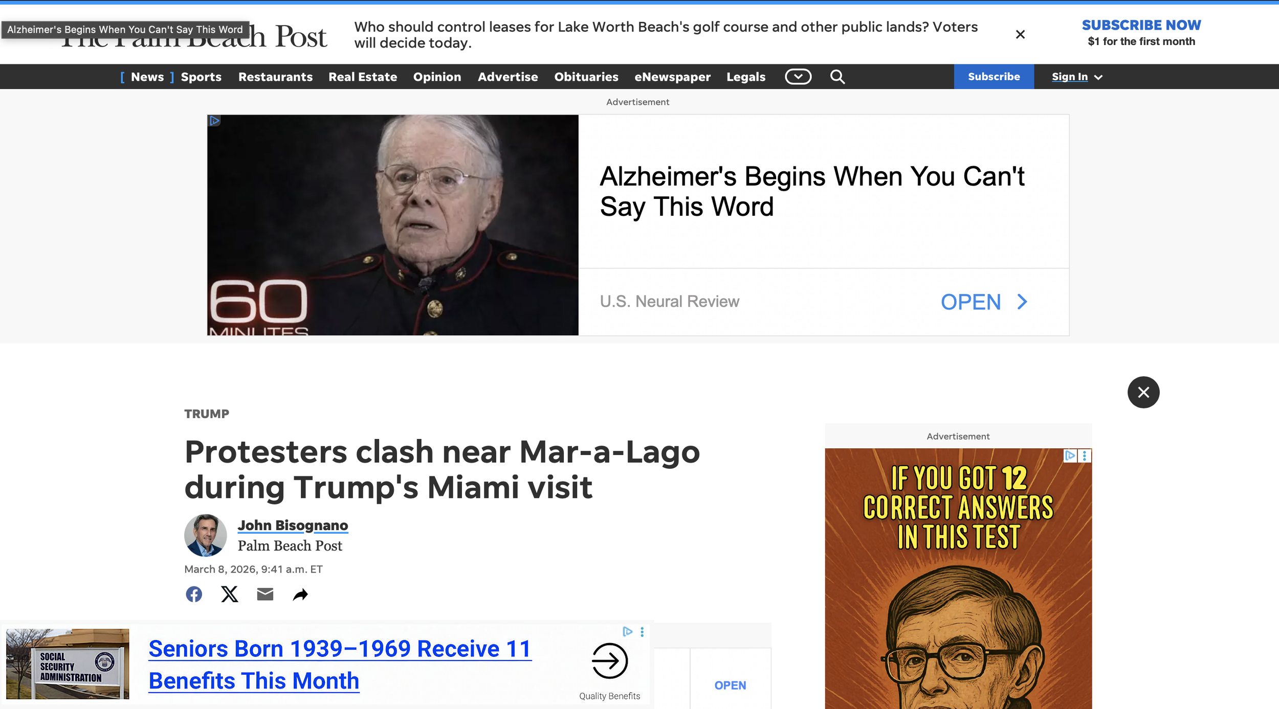 Screenshot of a news website with articles about protests near Mar-a-Lago during Trump's Miami visit, an Alzheimer’s-related video advertisement, and political ads, with various headlines and a photo of an elderly man.