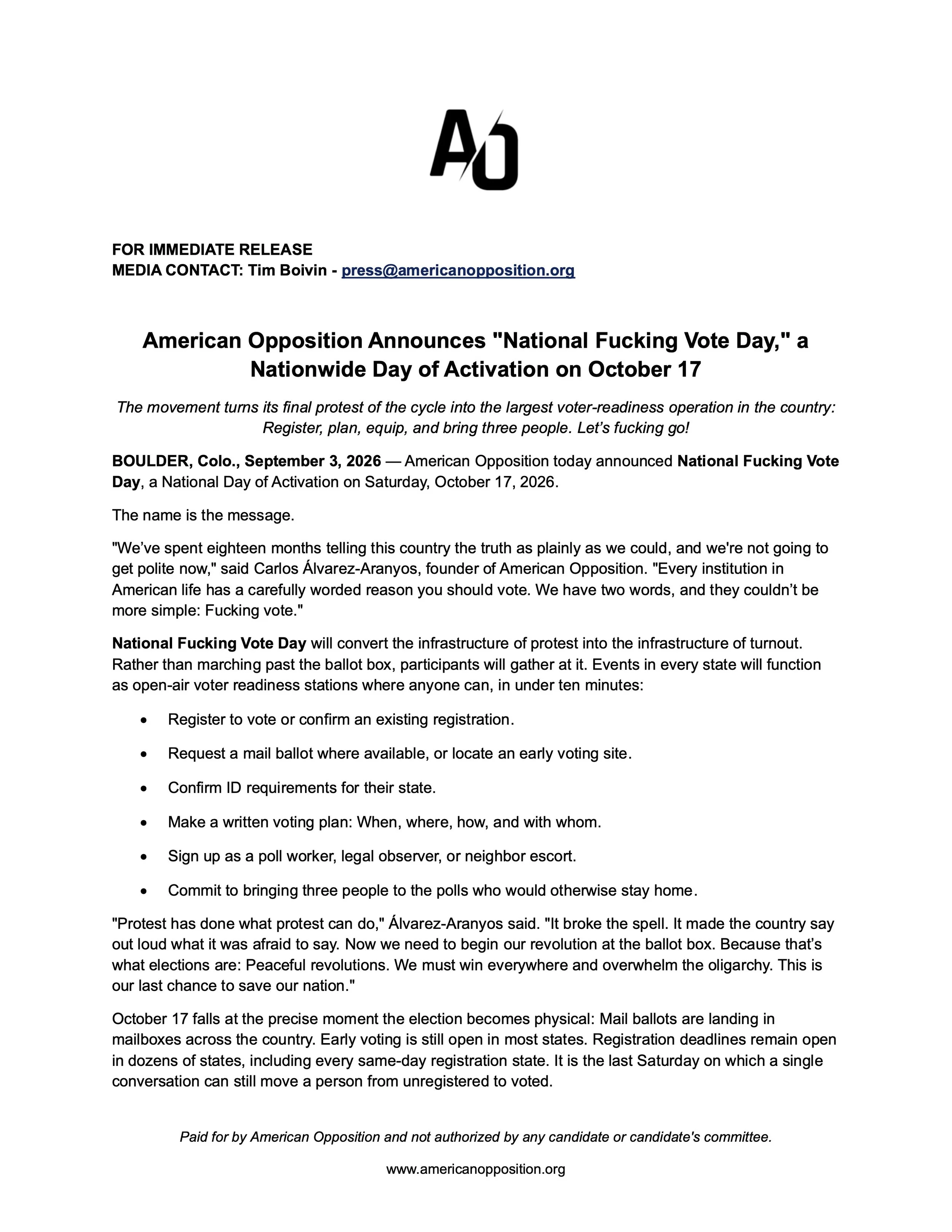 Press release document with the American Opposition logo at the top, announcing 'National Fucking Vote Day' on October 17, 2026, with details on protest actions and a quote from Carlos Álvarez-Aranyos.
