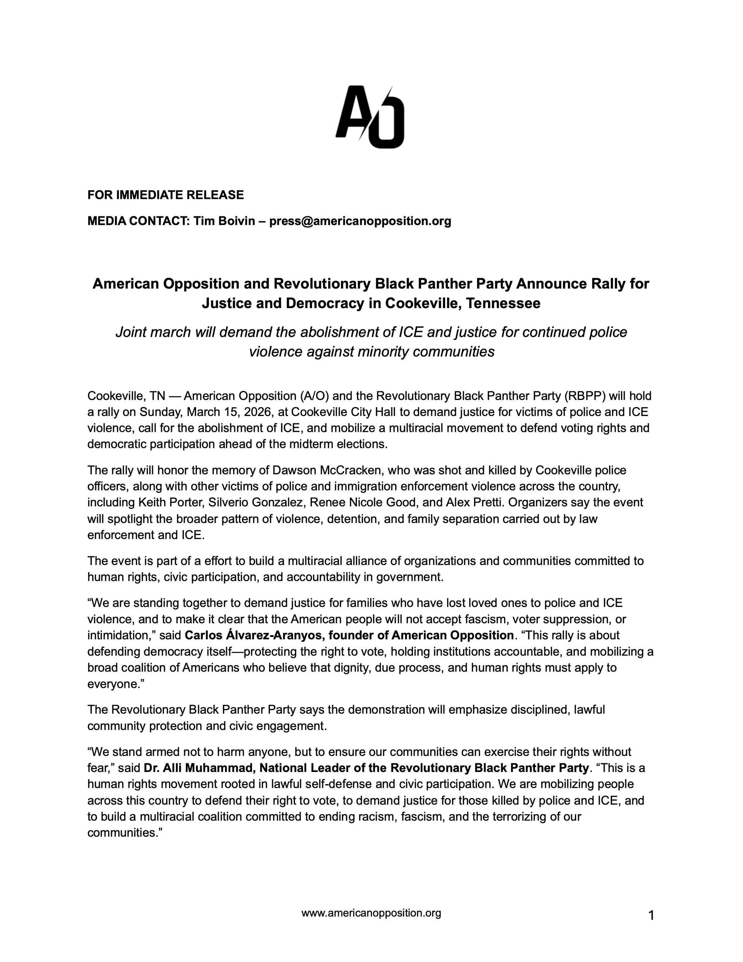 Press release document announcing a rally for justice and democracy organized by American Opposition and Black Panther Party in Cookeville, Tennessee, including details about the event, its purpose, and key speakers.