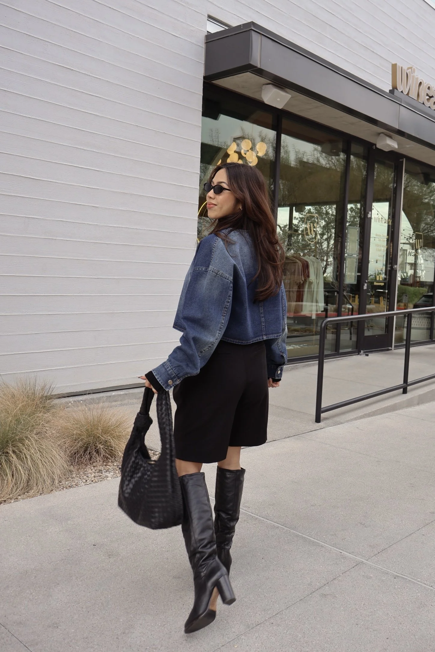 bermuda shorts outfit with denim bomber jacket