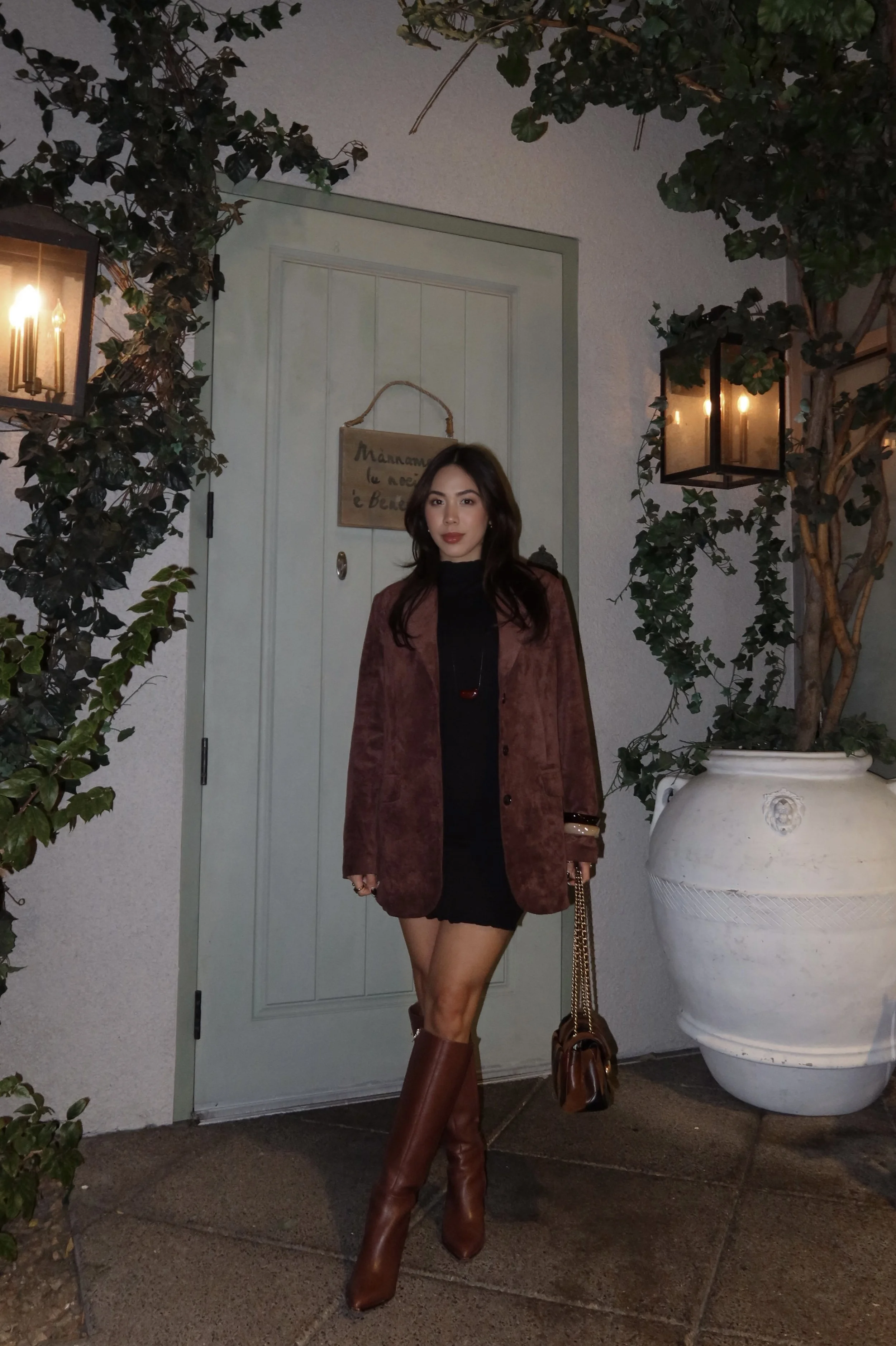 suede brown jacket dinner outfit