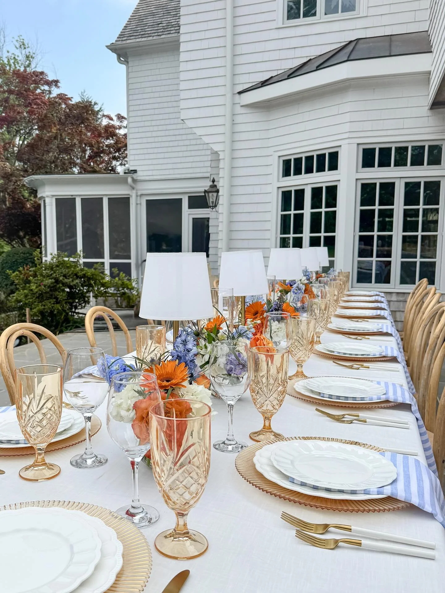 A backyard birthday, but make it Mets-themed ⚾️ 
Featuring our Celeste Charger in sunset, Venice Water Goblet in sunset, Paris Plate series, Berlin Flatware, and our Paris Lamps with classic white shades.
Tabletop Rentals | @the_finery_studio 
Cate