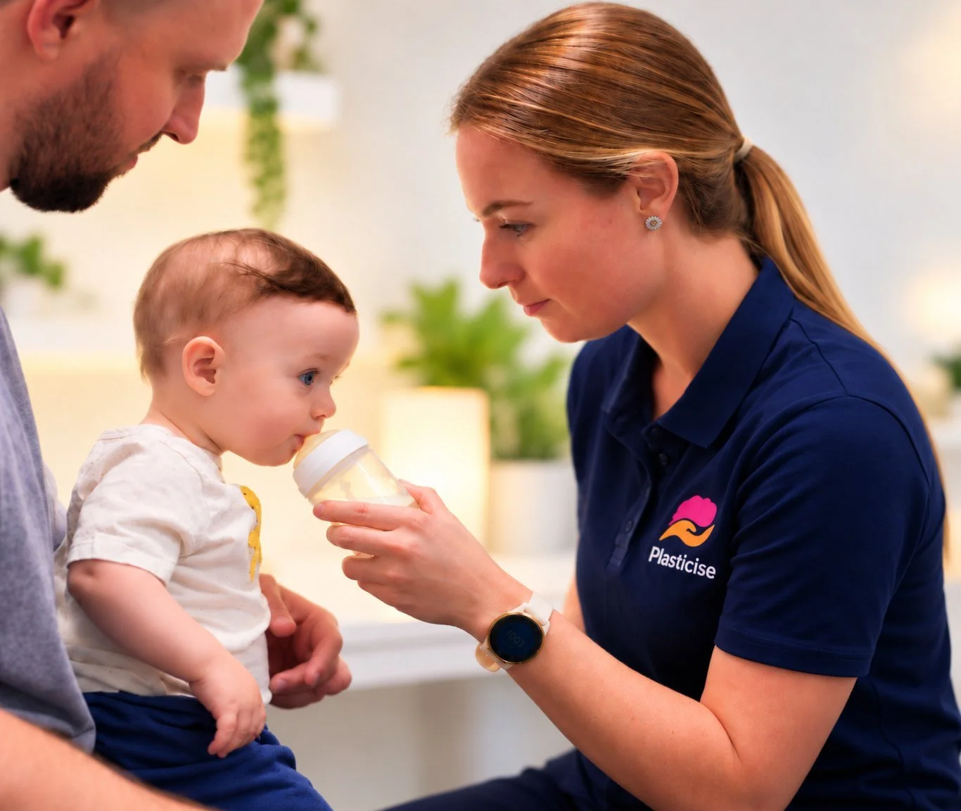 Speech pathologist supporting a baby with bottle feeding while a parent holds him