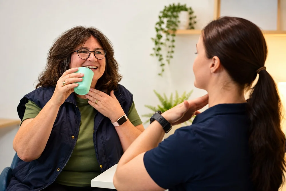 Speech pathologist practising a sound with a client
