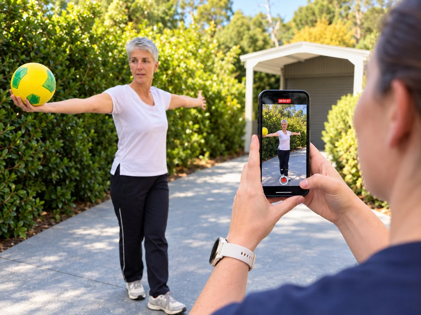 Therapist filming a client throwing a ball during the session