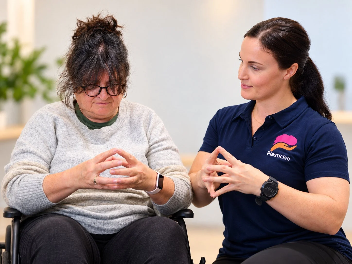 Physiotherapist guiding a client in a wheelchair through a hand exercise