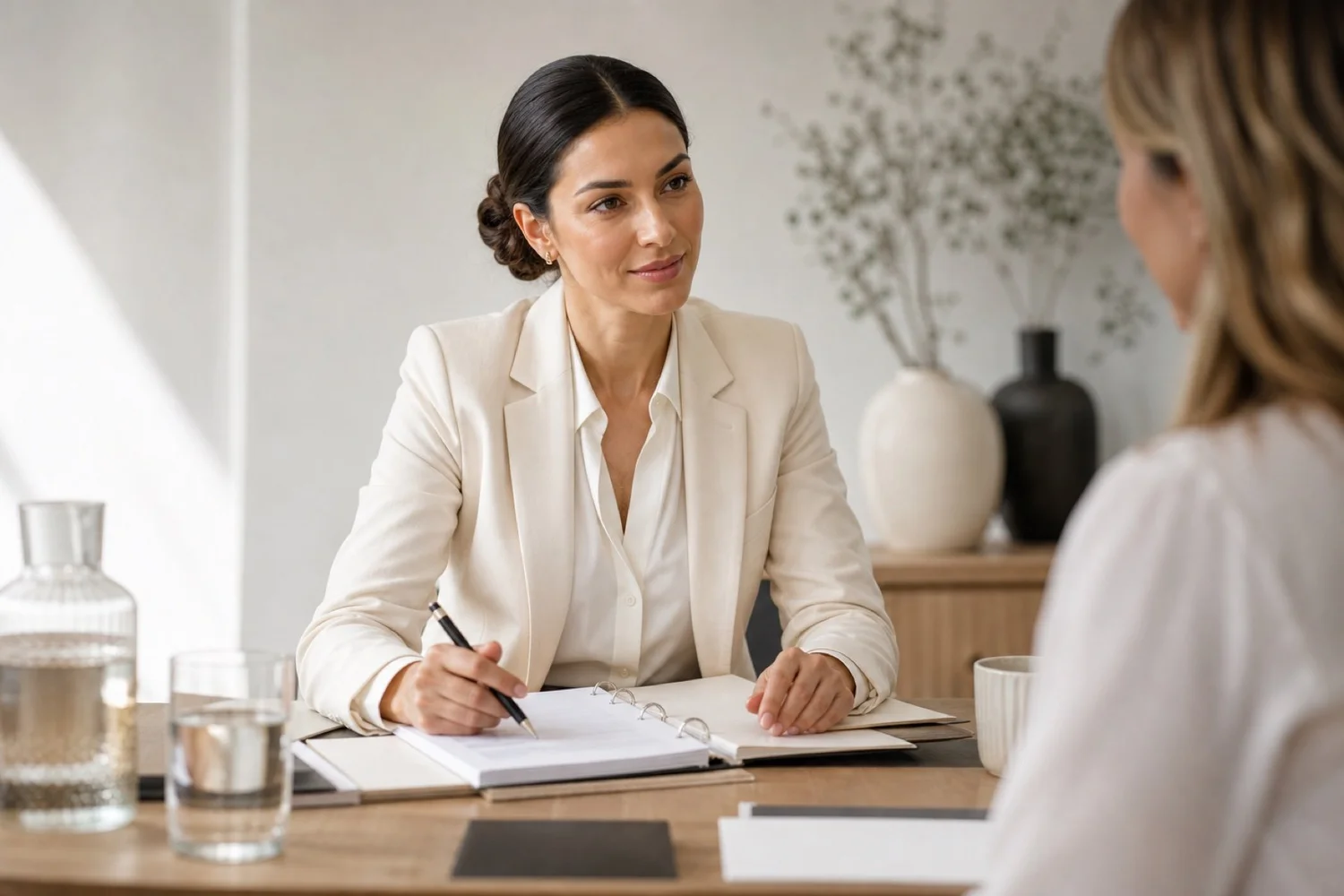 Event consultant taking notes at a table during a planning conversation in a bright meeting room.