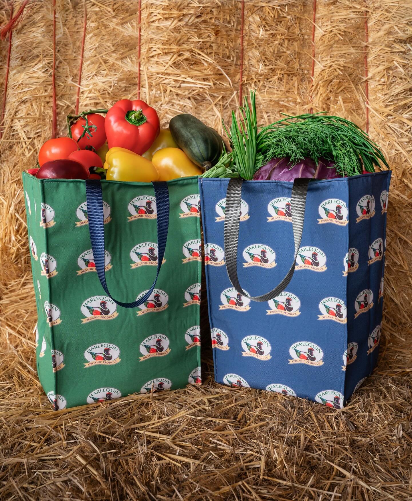 Back in stock for CSA pickup days 🍅🥬🥕🌽🥒🥔

I sewed up this latest batch of custom grocery totes for @harlequinproduce &mdash;made to carry your full share in one go. The inside is lined with waterproof laminated fabric, so spills are no big deal
