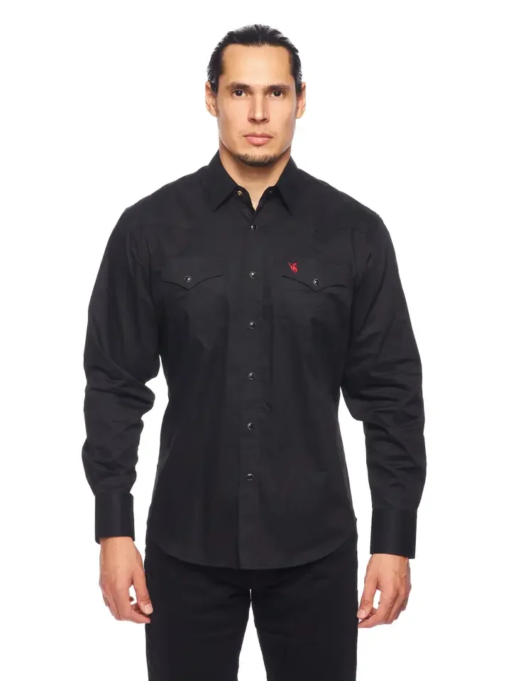 Men's Western Solid Twill Shirt-AC108L-BLACK-RED