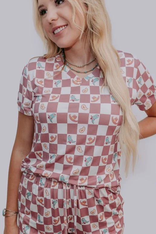 TZ43 Western Checkers Modal Pajamas Shorts Set: Mauve
