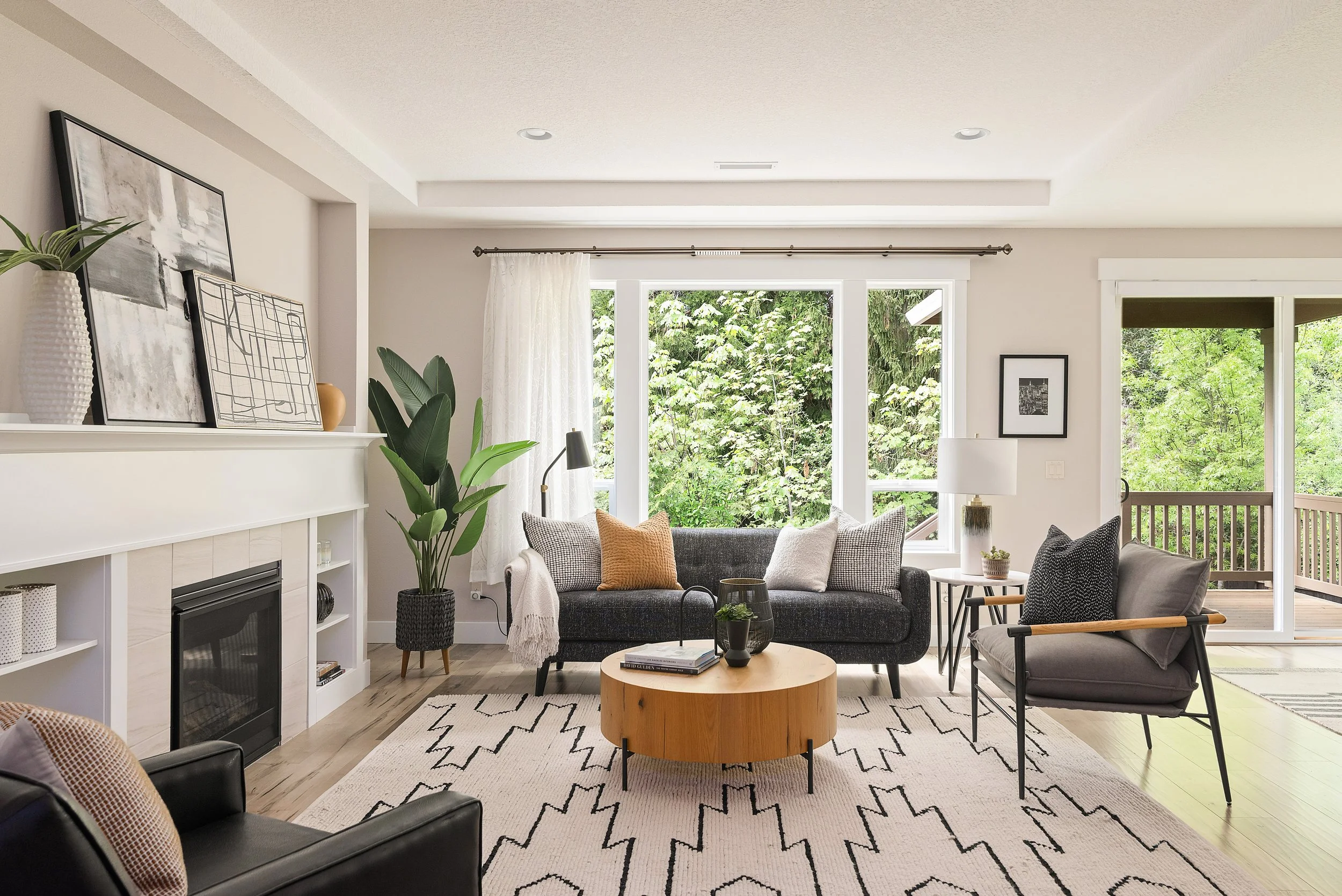 Modern living room photographed for a Portland, Oregon real estate firm.  Natural light, warm tones.