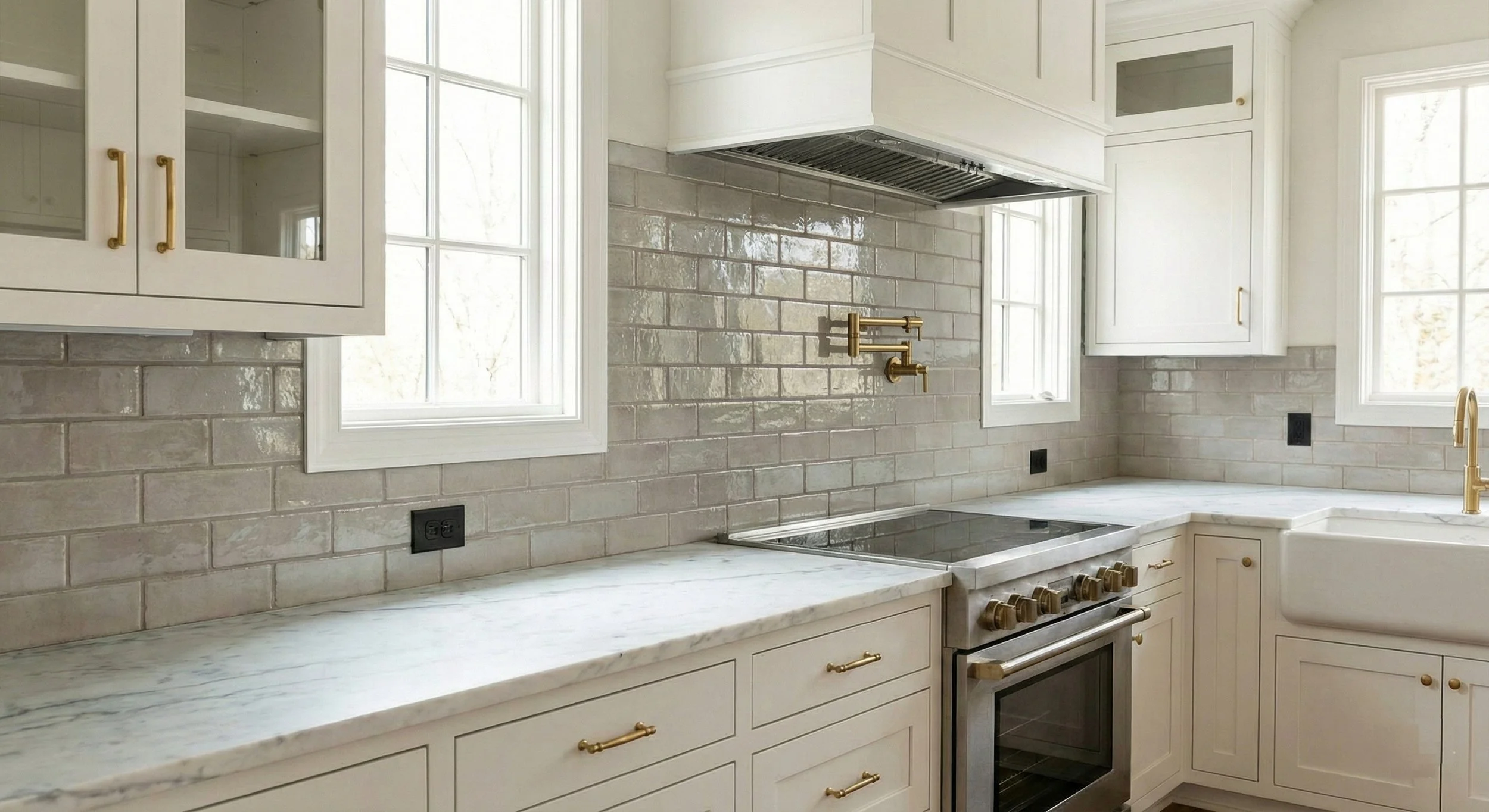 Modern kitchen with white cabinets, marble countertops, beige subway tile backsplash, and gold hardware. There is a black stove and oven, a brass pot filler faucet, and a farmhouse sink. Large windows let in natural light.