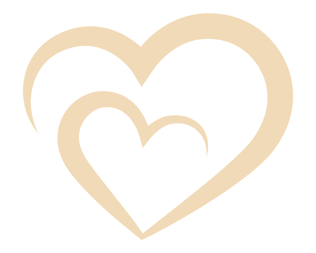 Three interconnected beige and black hearts, with the beige hearts surrounding and overlapping the black hearts.