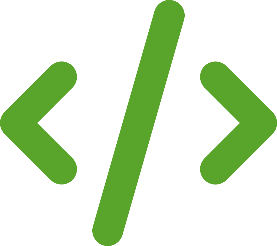 Green coding brackets and slash symbol on black background, representing coding or programming.