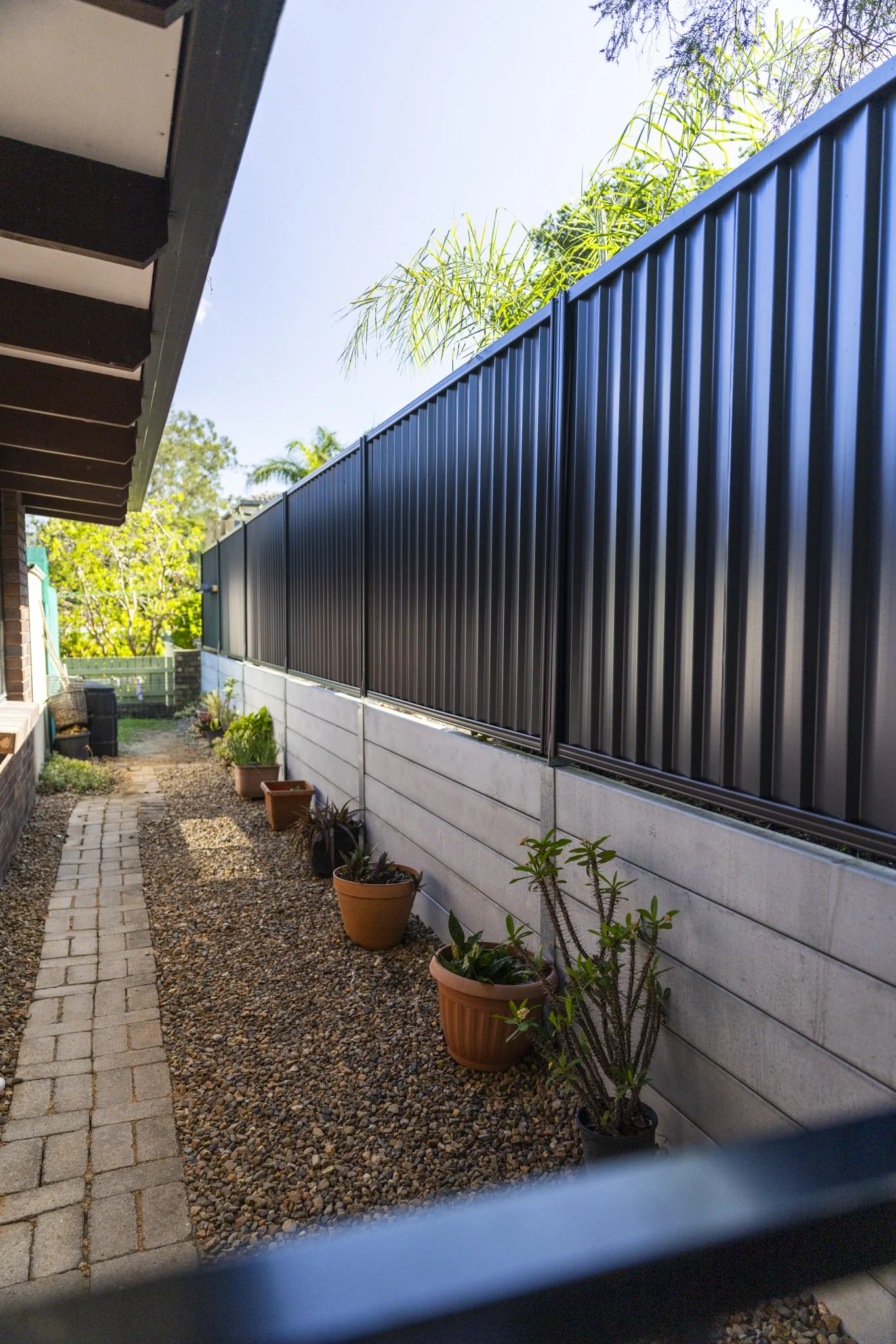 View of a narrow garden pathway with potted plants next to a concrete wall and a black metal fence, under a clear blue sky.