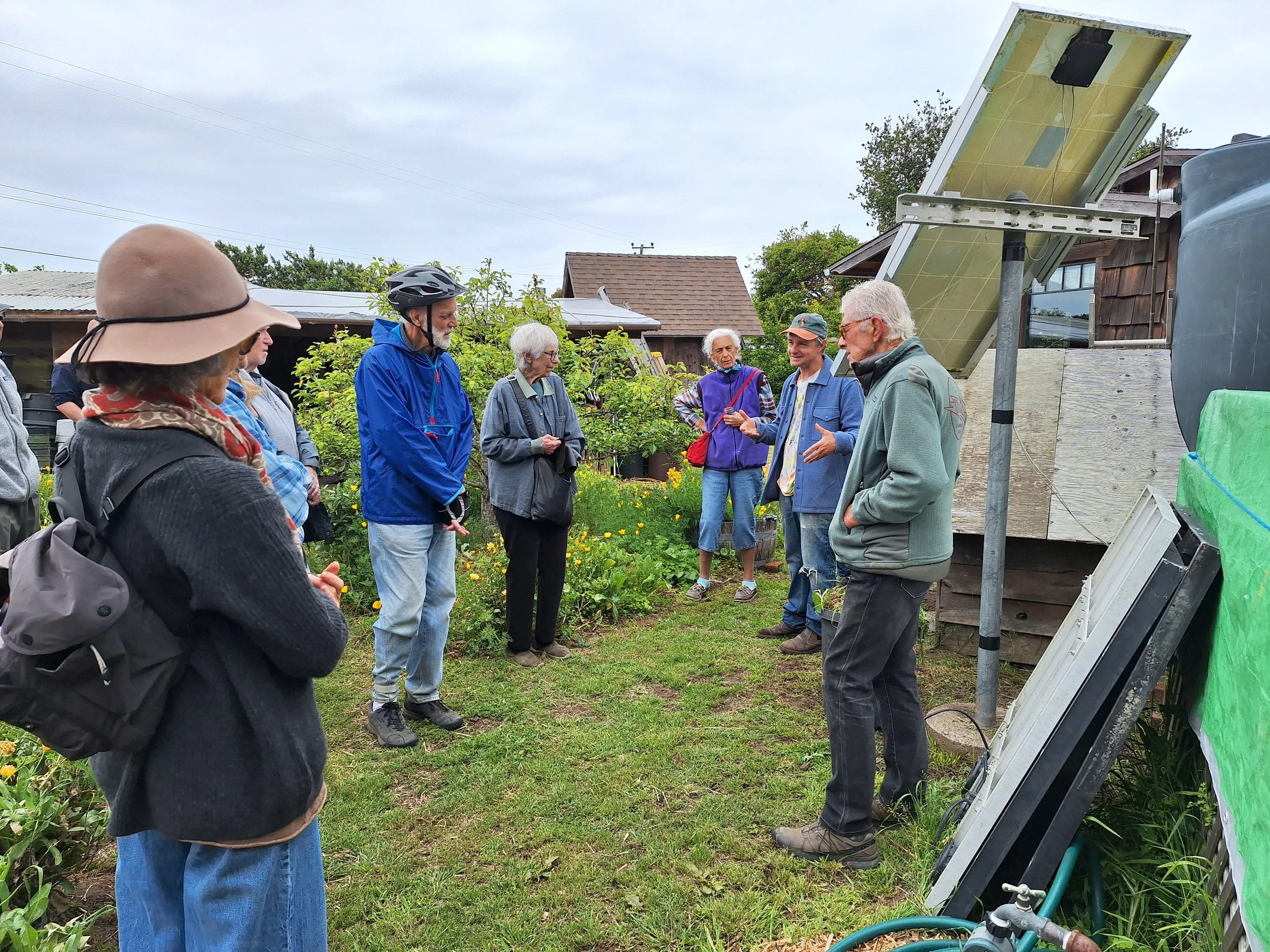 April 2026:  Garden Tour & Seedling Giveaway at the Bolinas Garden of Mark, Meg, and Jeff.  Here, they discuss their 16,000 gallon water catchment system.