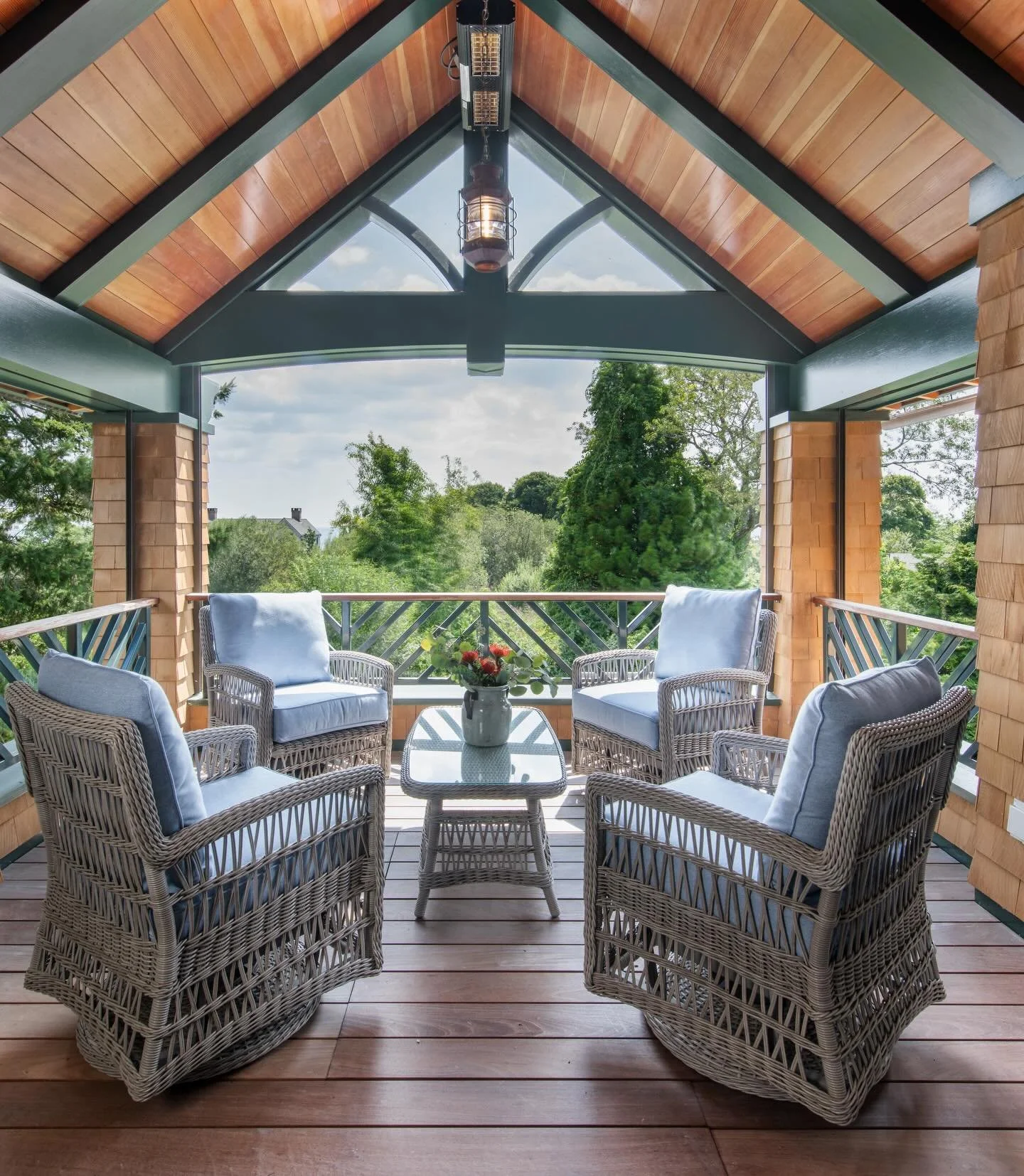 Summer is right around the corner! The second floor veranda of our Gloucester shingle-style home has built in screens, Douglas fir ceilings and great views of the Atlantic!
Architect| @morehousemacdonald 
Interior Designer | @embellishments.decor 
GC