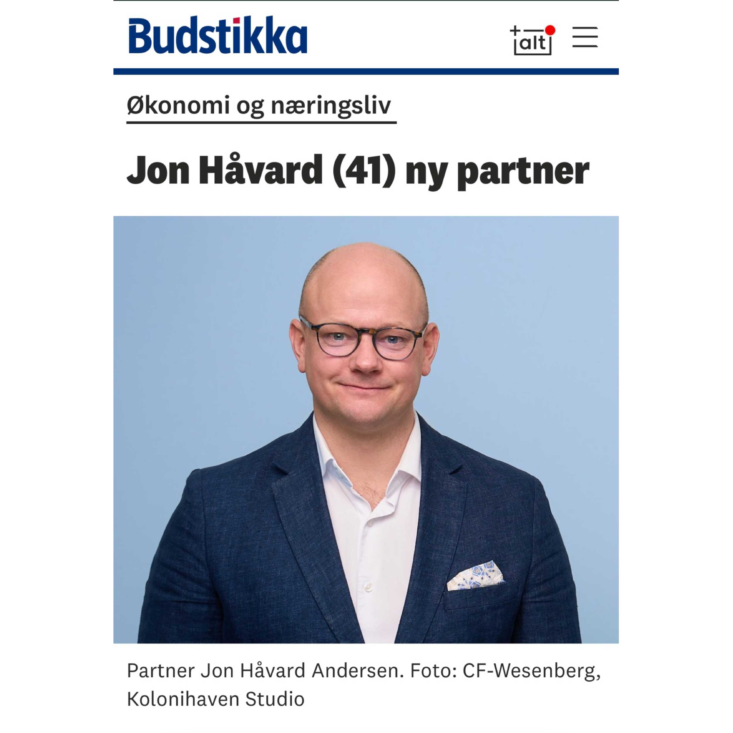 Partner Jon Håvard Andersen i Budstikka 9. februar 2026