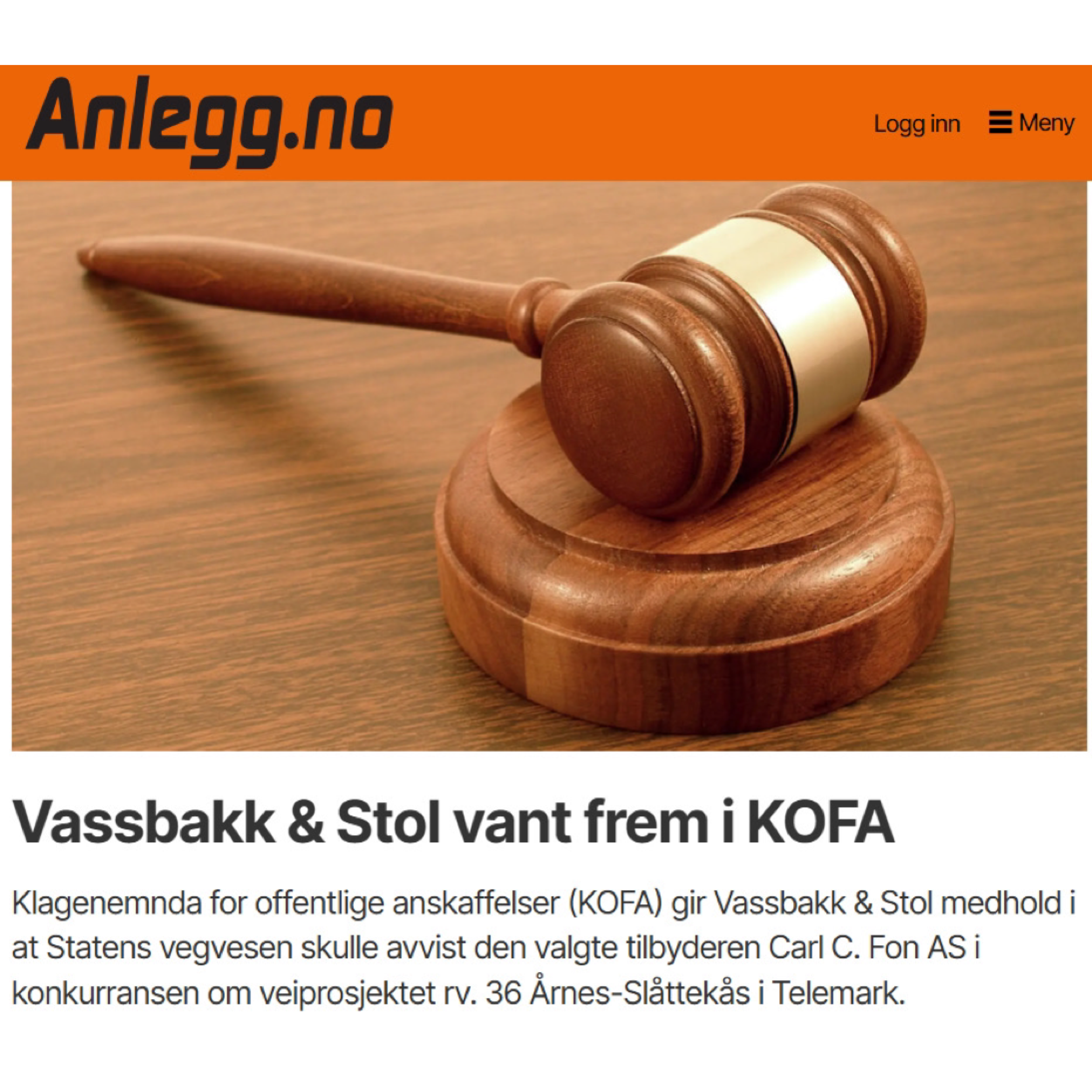 Advokat Rong bistod Vassbakk & Stol i en KOFA-sak mot Statens vegvesen