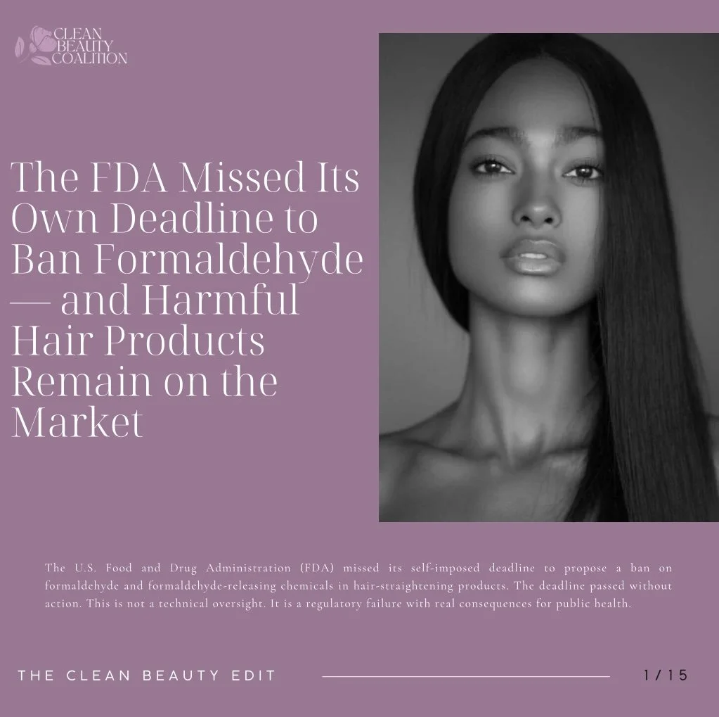 A magazine cover with a black and white photo of a woman with long, straight hair. The cover has a purple background with white text highlighting an article about the FDA and harmful hair products. Clean Beauty Coalition