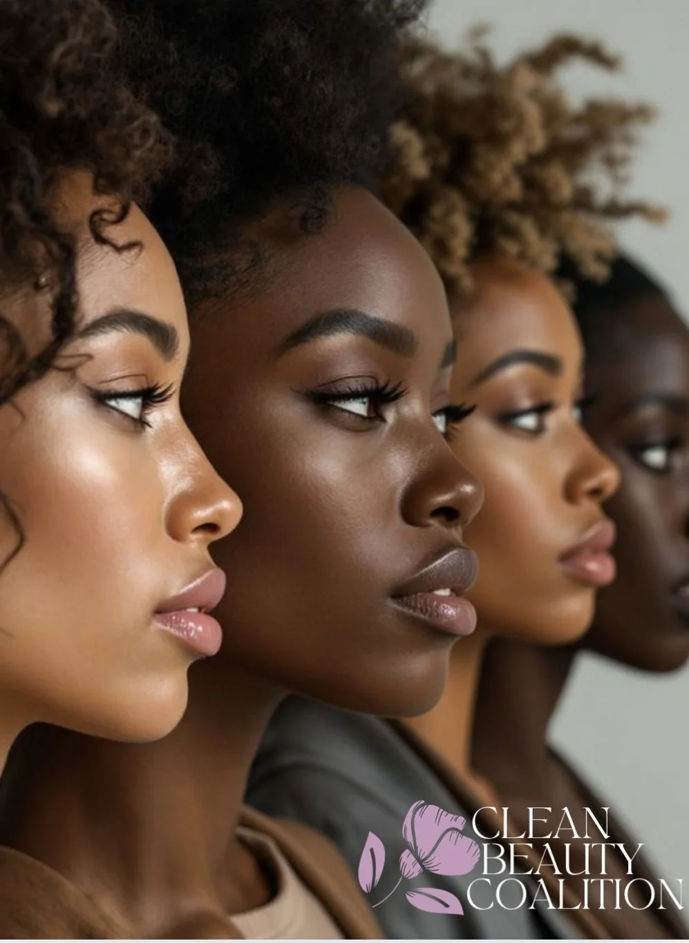 Close-up of four women with diverse skin tones and makeup, looking to the side.