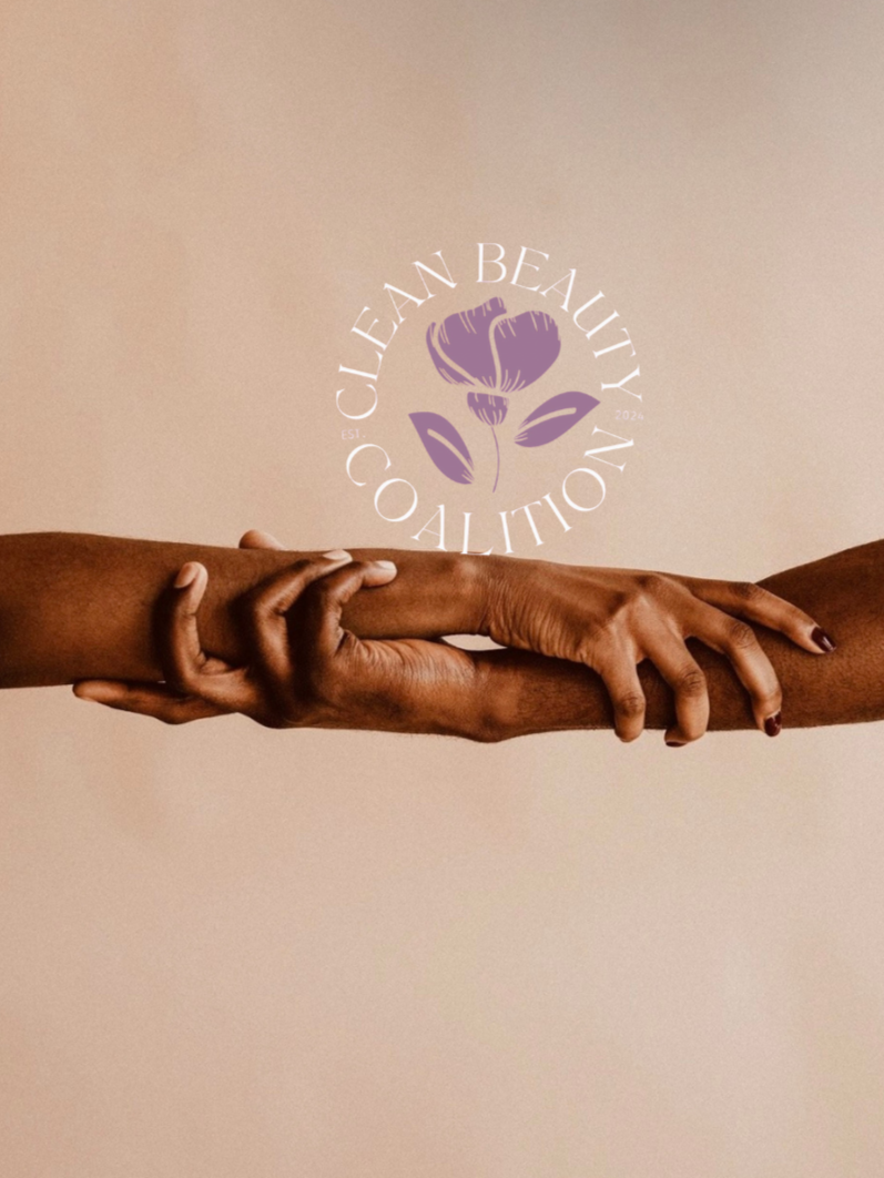 Two people holding hands against a plain background with a logo of a purple flower and the text 'Clean Beauty Coalition'.
