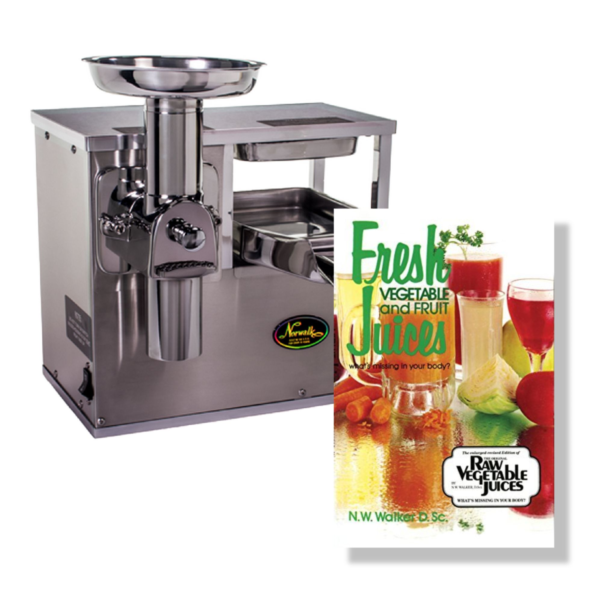 Stainless steel vegetable juicer machine placed on a counter with a pamphlet about fresh vegetable and fruit juices.
