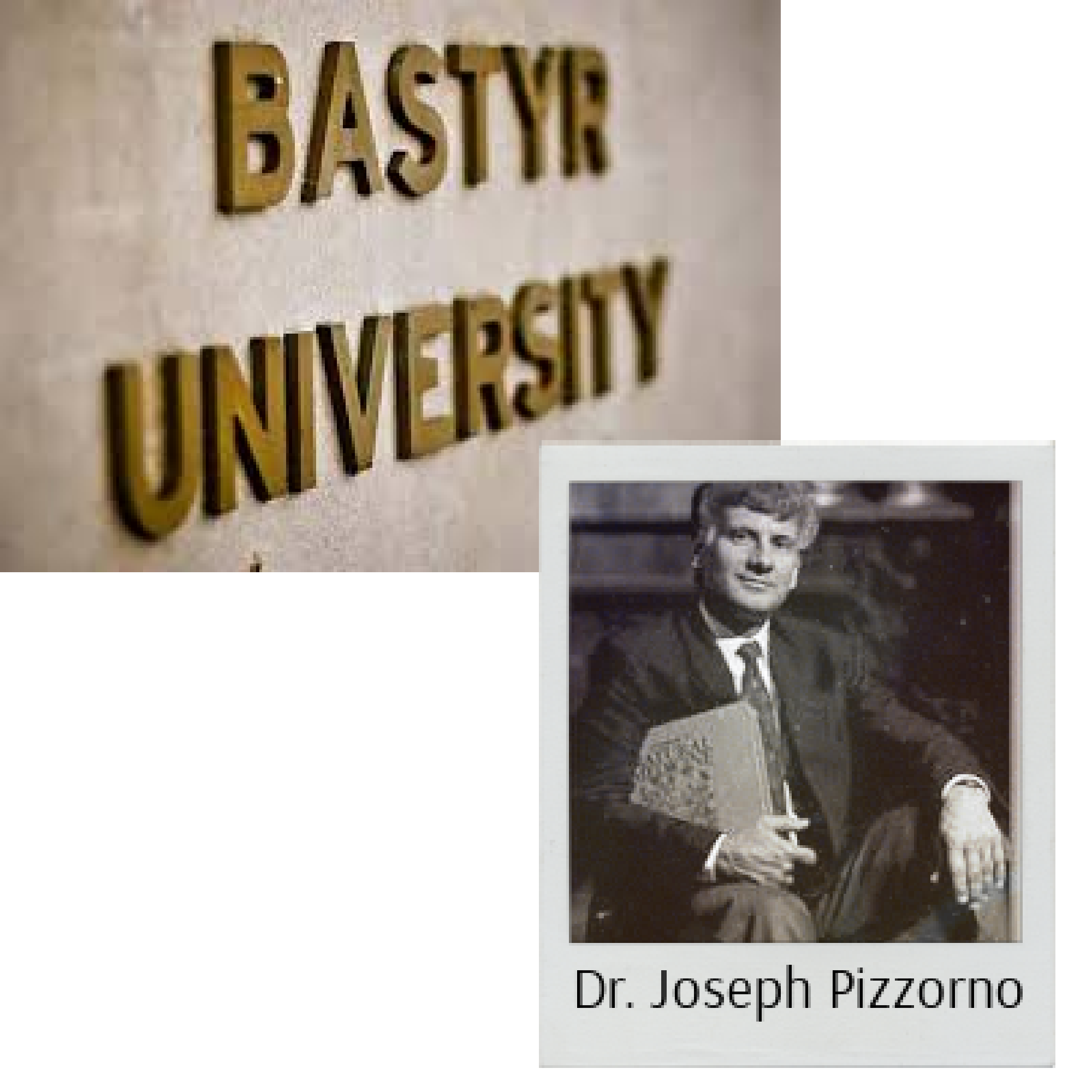 Close-up of a wall with gold 3D letters spelling out "BYSTANDER" and "UNIVERSITY" and a photograph of Dr. Joseph Pizzarino.