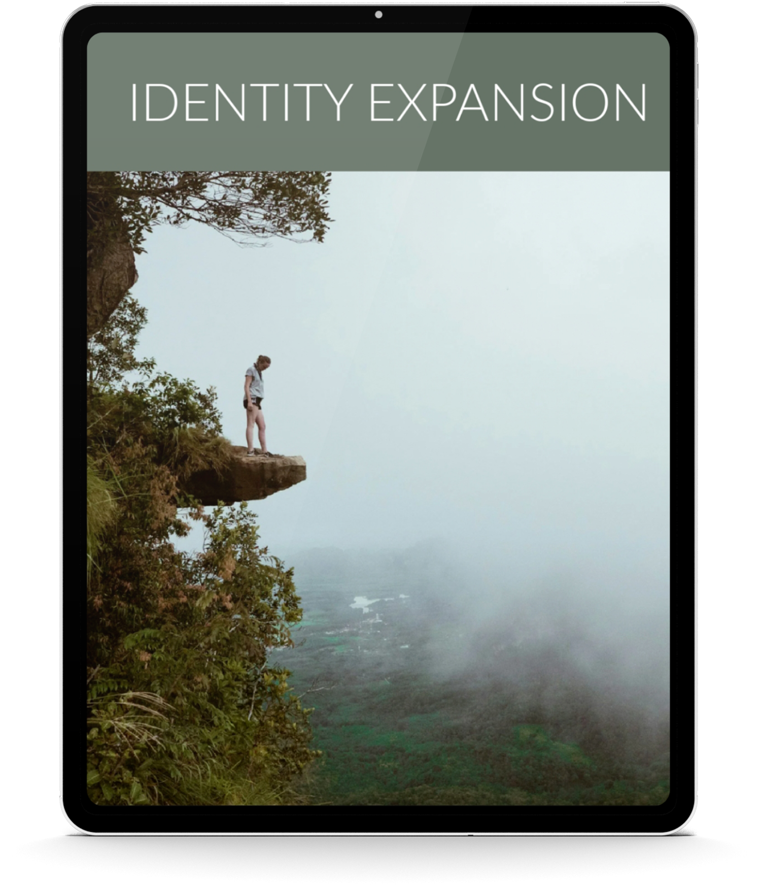 smartphone screen displaying a person standing on a cliff ledge overlooking a misty forest valley, with the words 'Identity Expansion' at the top.