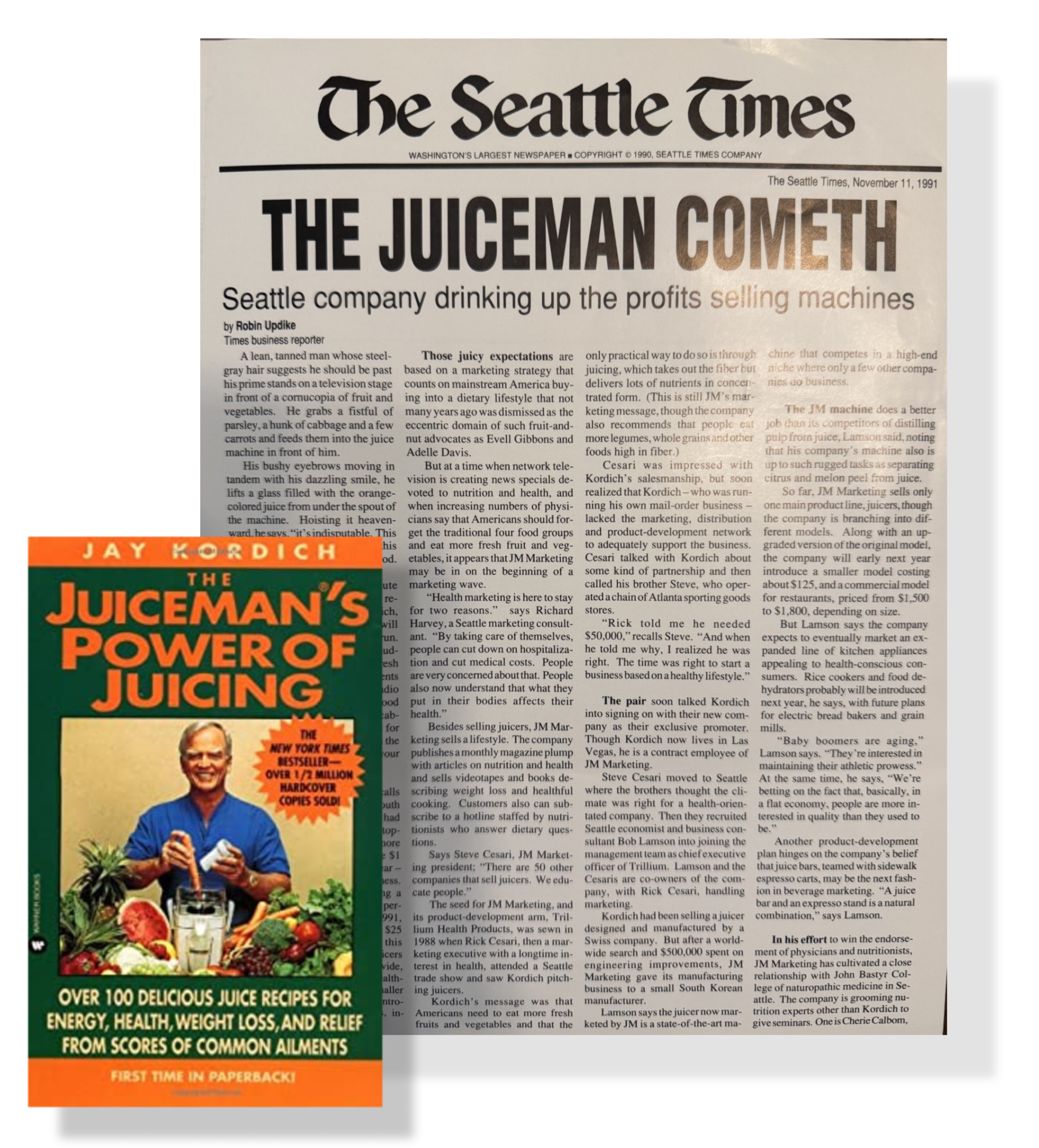A newspaper article from The Seattle Times dated November 11, 1991, with a partial cover of a book titled 'The Juiceman's Power of Juicing' by Jay Kordich, featuring a man holding a juicer and surrounded by fresh fruits and vegetables, along with a promotional banner at the bottom of the book cover.