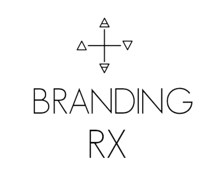 Neon-style logo with a four-arrow compass pointing in four directions and the words 'Branding RX' underneath, all in white on a black background.