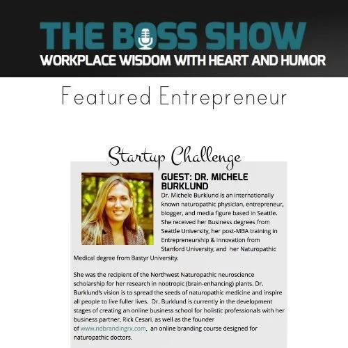 Announcement for The Boss Show podcast featuring Workplace Wisdom with Heart and Humor, highlighting an entrepreneur and guest Dr. Michele Burklund, with a photo of her and details about her background and expertise in naturopathy and entrepreneurship.