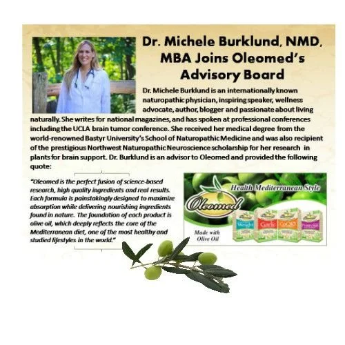 Informational flyer featuring Dr. Michele Burklund, NMD, with a photo of her in a white coat outdoors, and an advertisement for Olemed's Mediterranean-style health products.