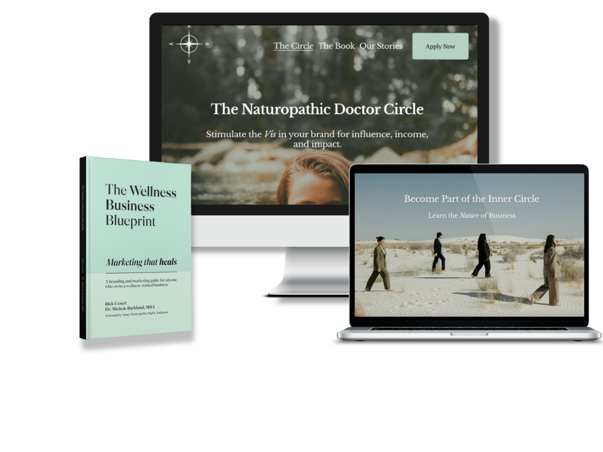 A digital display showing a website for The Naturopathic Doctor Circle, with a book titled 'The Wellness Business Blueprint' and a group of people walking in a desert landscape on a laptop screen.
