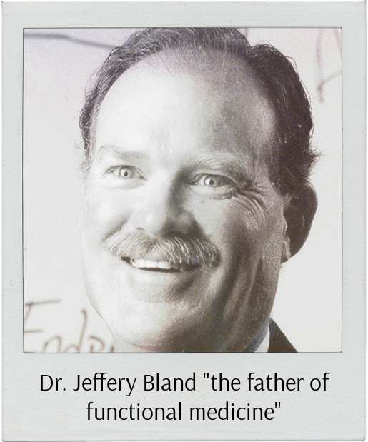 Black and white photo of Dr. Jeffry Bland with smiling face, mustache, and wavy hair, labeled as 'the father of functional medicine'.
