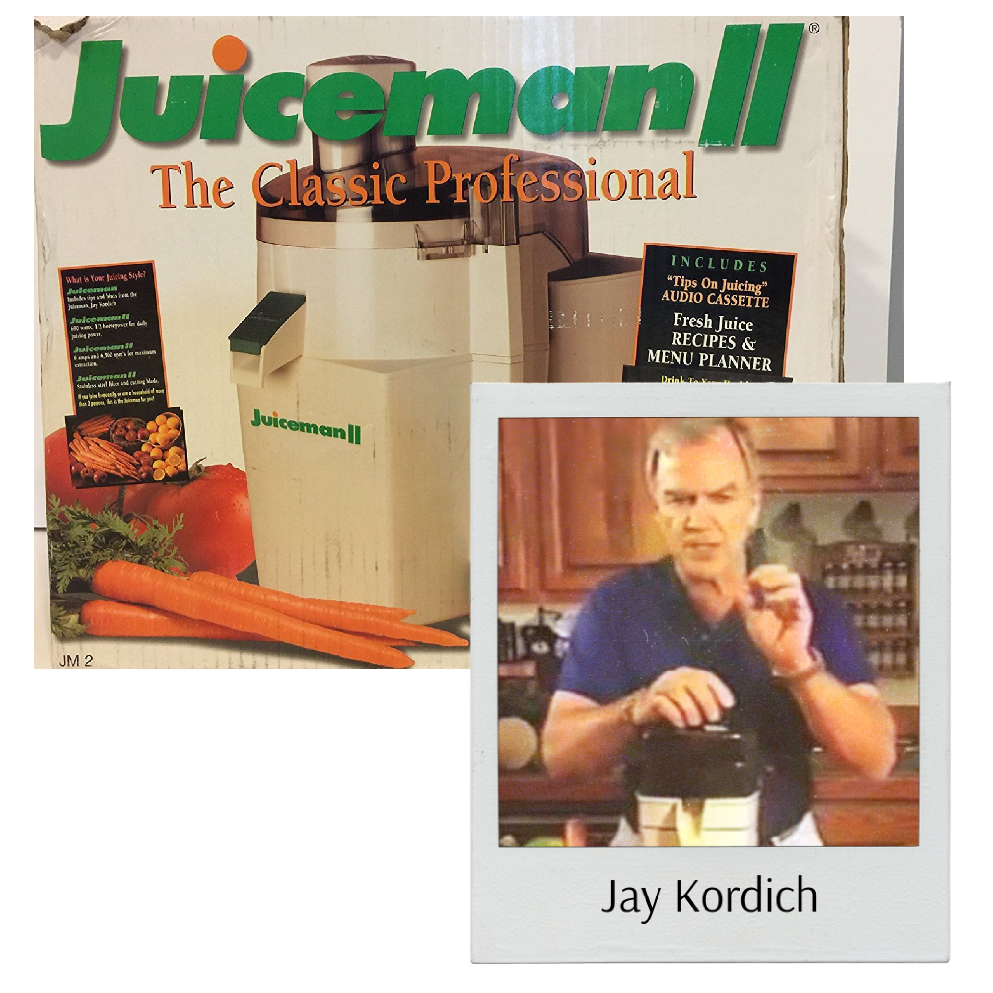 Packaging box for a Juiceman juicer with text indicating it includes tips on juicing, fresh juice recipes, and a menu planner, with an image of the juicer and carrots on the box.
